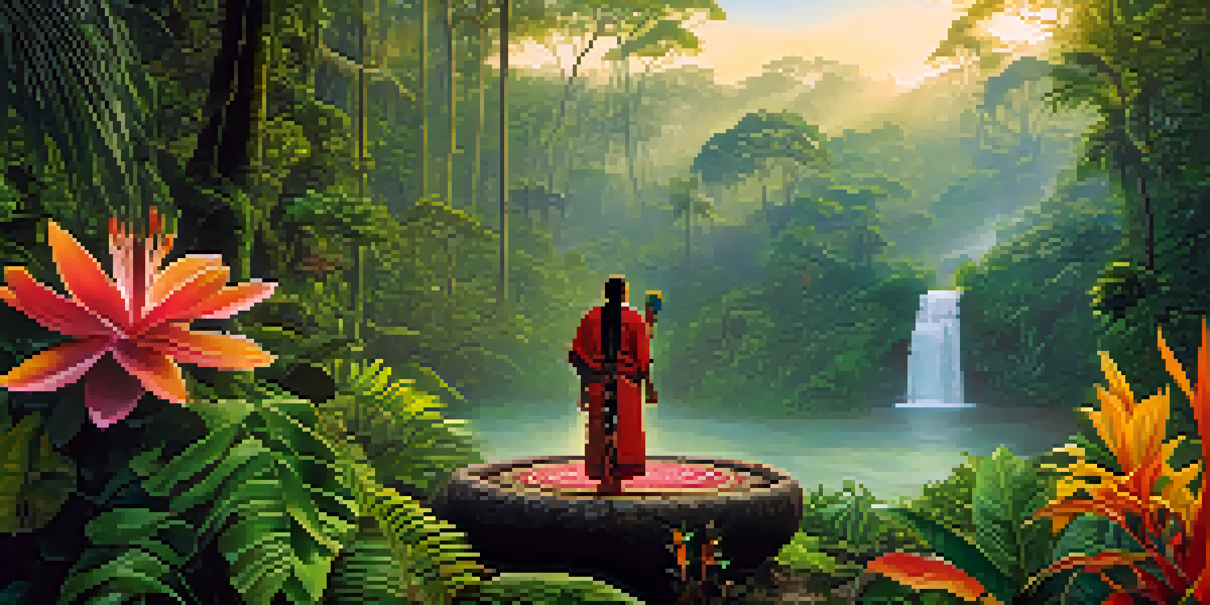 A peaceful rainforest at dawn with a shaman in traditional attire preparing for an Ayahuasca ceremony.
