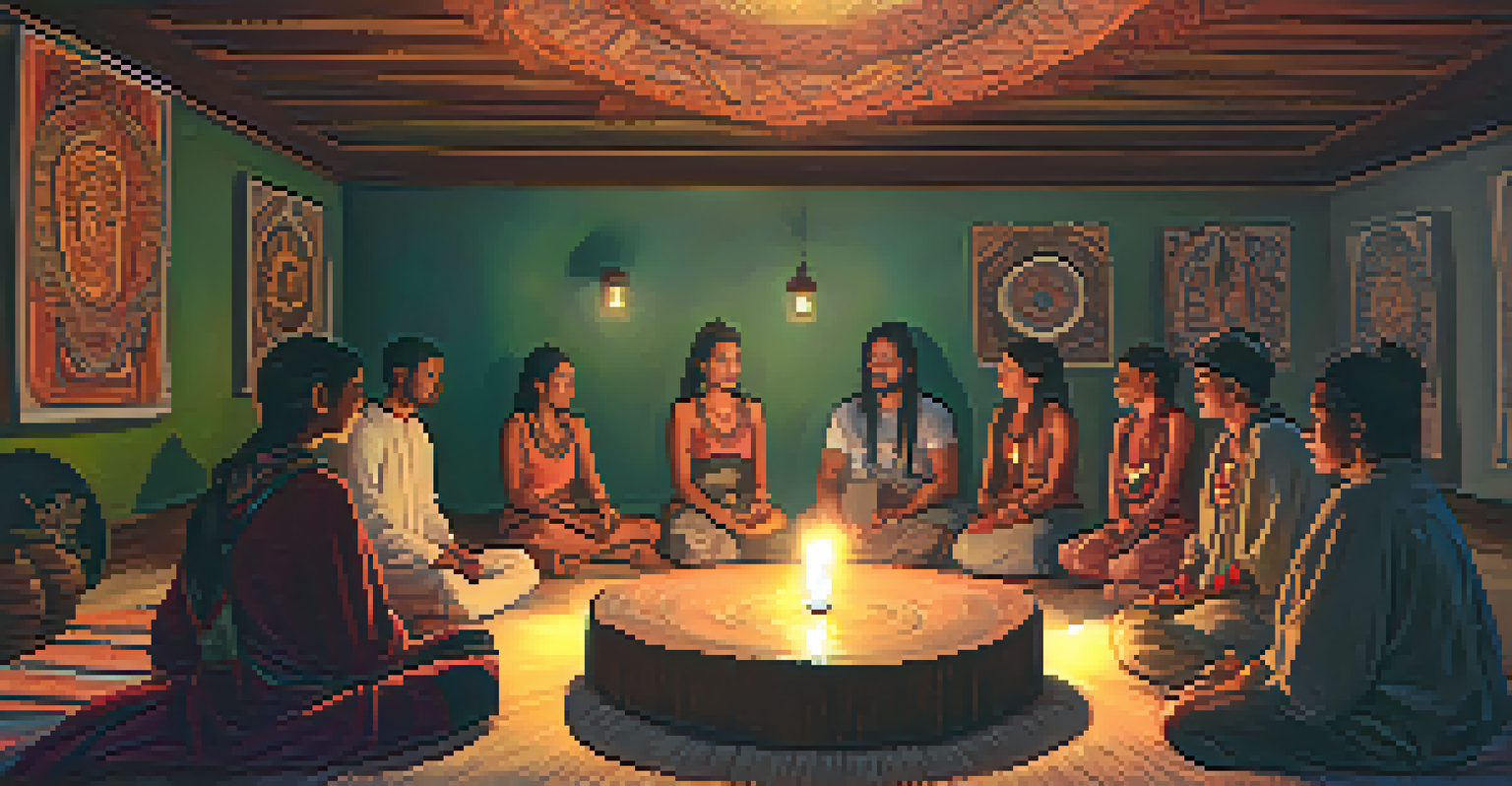 An intimate ayahuasca ceremony in a candle-lit room with participants sitting in a circle, surrounded by indigenous artwork and warm ambient lighting.