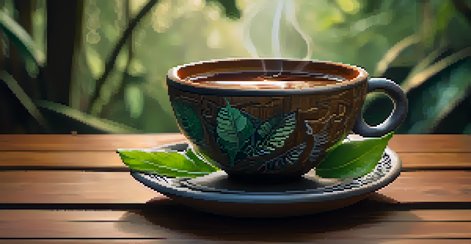 A close-up of a traditional Ayahuasca brew in a ceramic cup, with fresh leaves from the Banisteriopsis caapi vine surrounding it.
