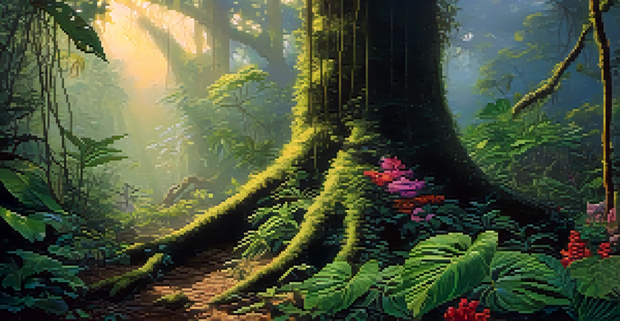 A tranquil Amazon rainforest at dawn with a vine around a tree, lush green plants, and soft golden sunlight.