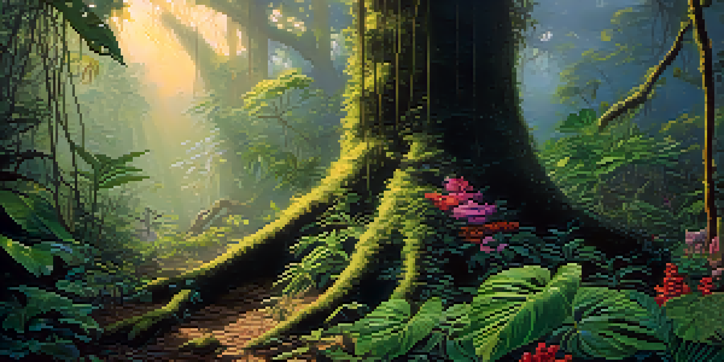 A tranquil Amazon rainforest at dawn with a vine around a tree, lush green plants, and soft golden sunlight.
