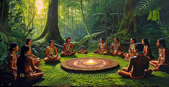 A serene Amazon rainforest scene showing indigenous people participating in an Ayahuasca ceremony, surrounded by lush greenery and sunlight filtering through the trees.