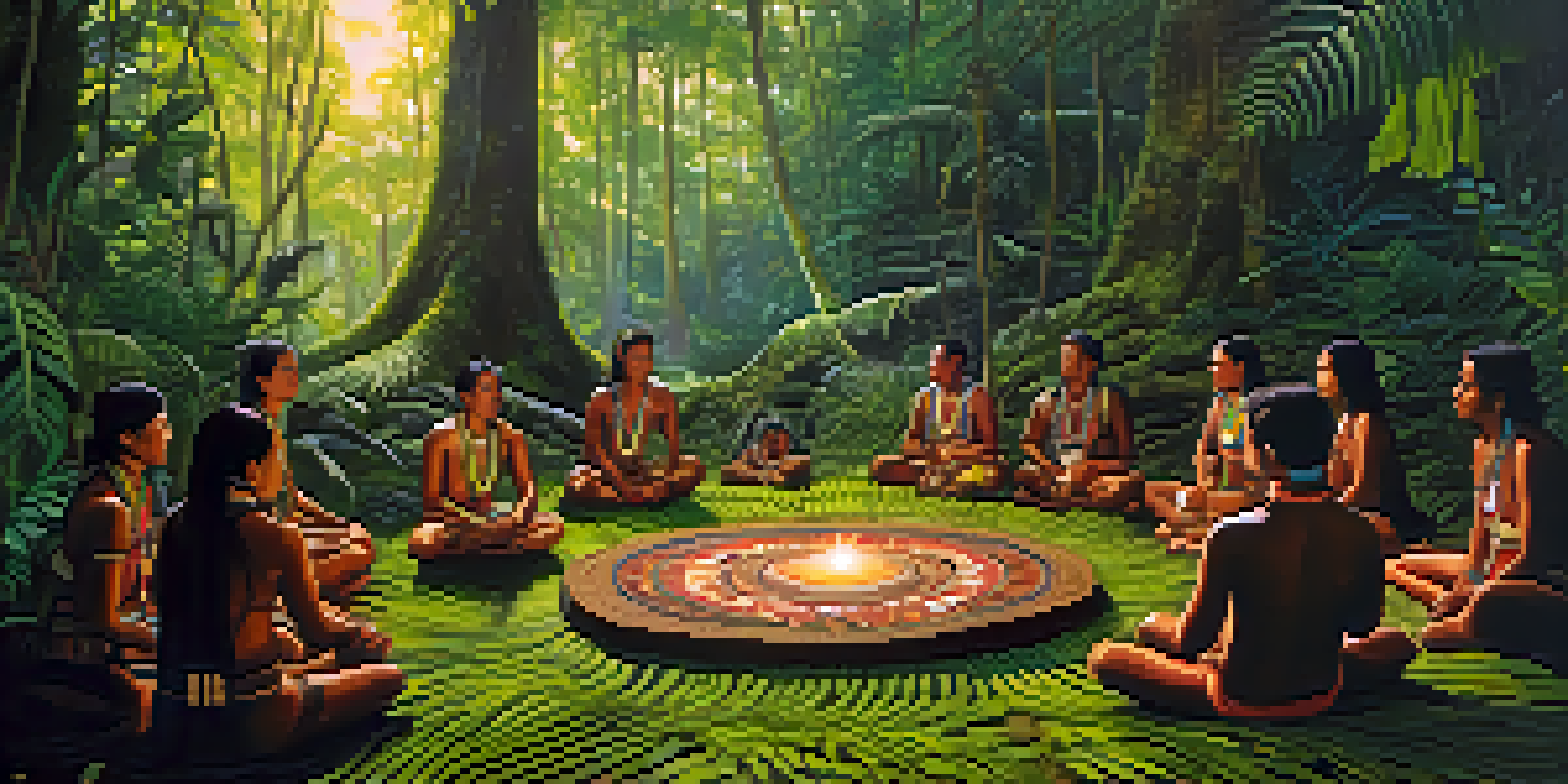 A serene Amazon rainforest scene showing indigenous people participating in an Ayahuasca ceremony, surrounded by lush greenery and sunlight filtering through the trees.