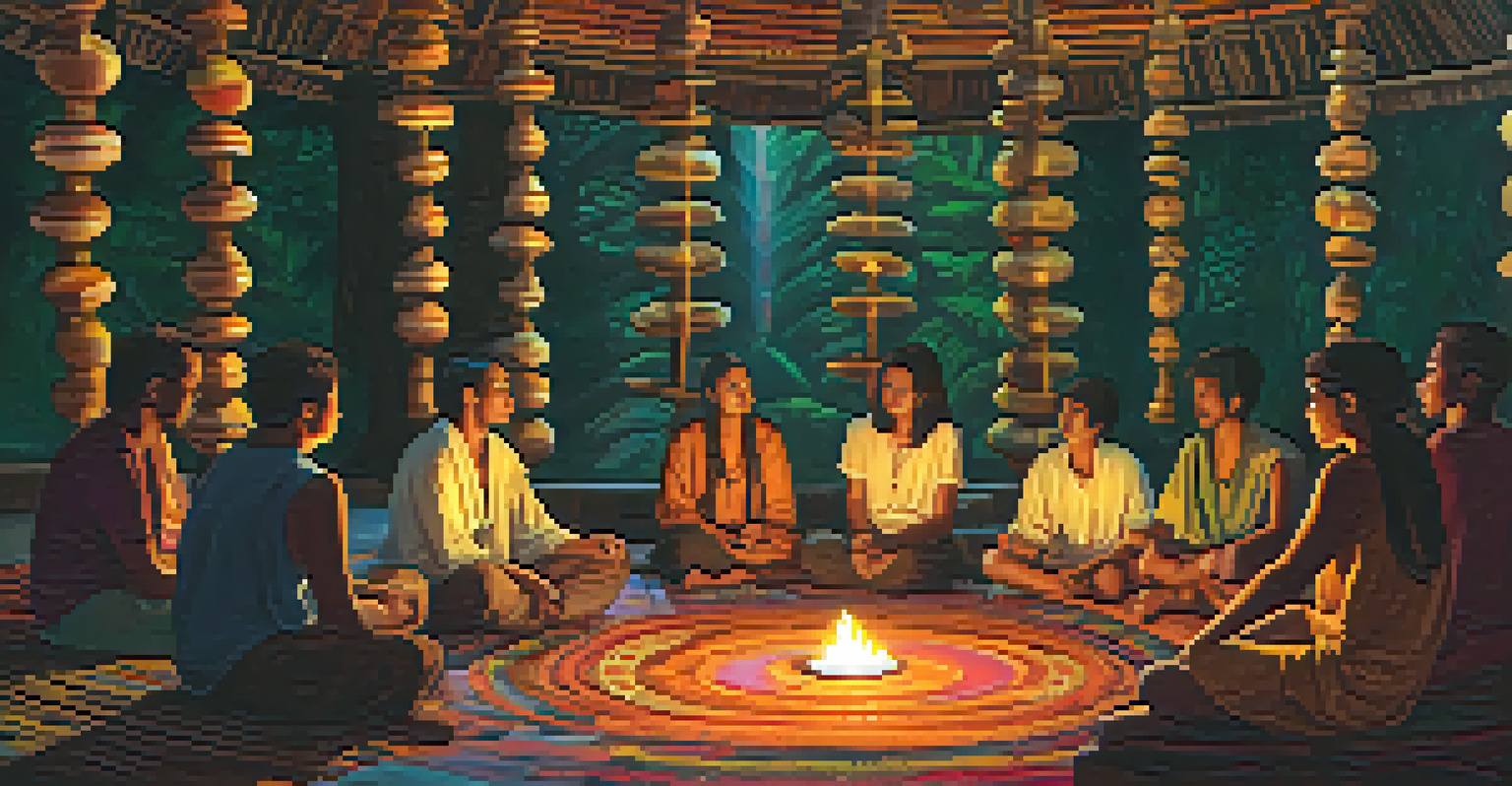 A group of people sitting in a circle, participating in an ayahuasca ceremony in a softly lit space.