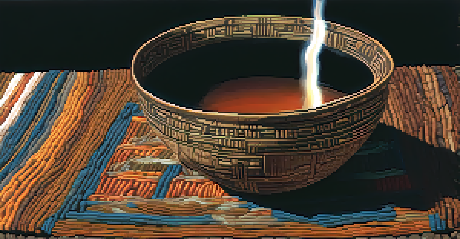 A ceremonial cup filled with Ayahuasca on a woven cloth, illuminated by soft candlelight.