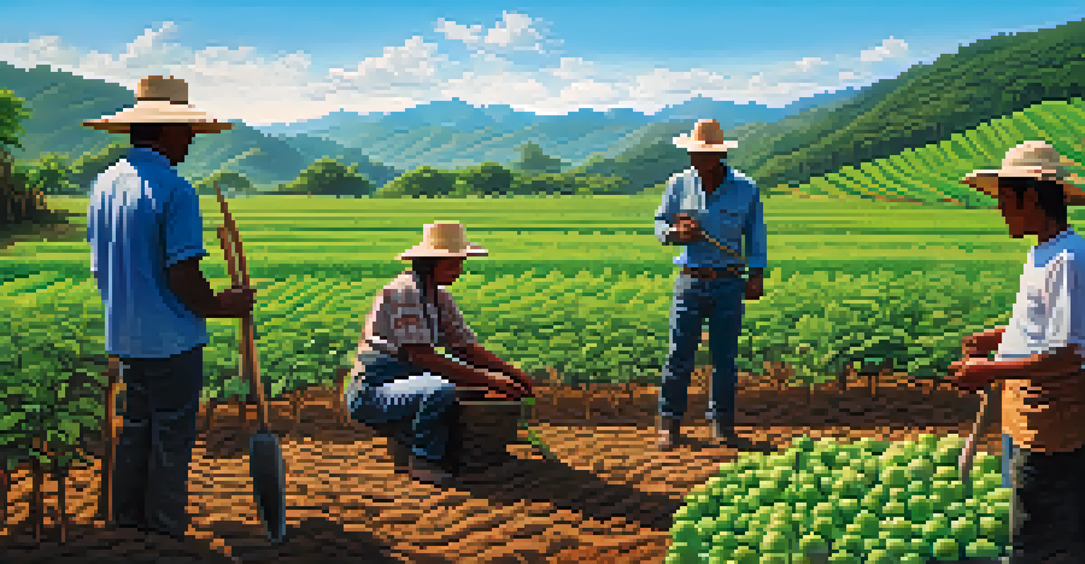 Farmers collaborating in an agroforestry setting, planting trees with ayahuasca crops in a picturesque landscape.