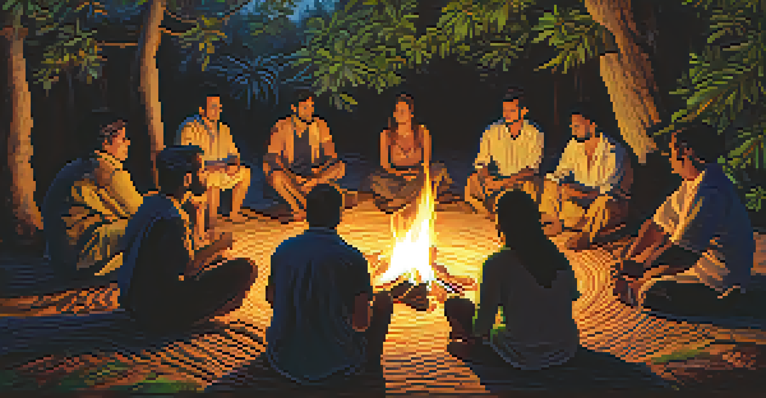 Participants gathered around a campfire during an Ayahuasca ceremony, sharing experiences.