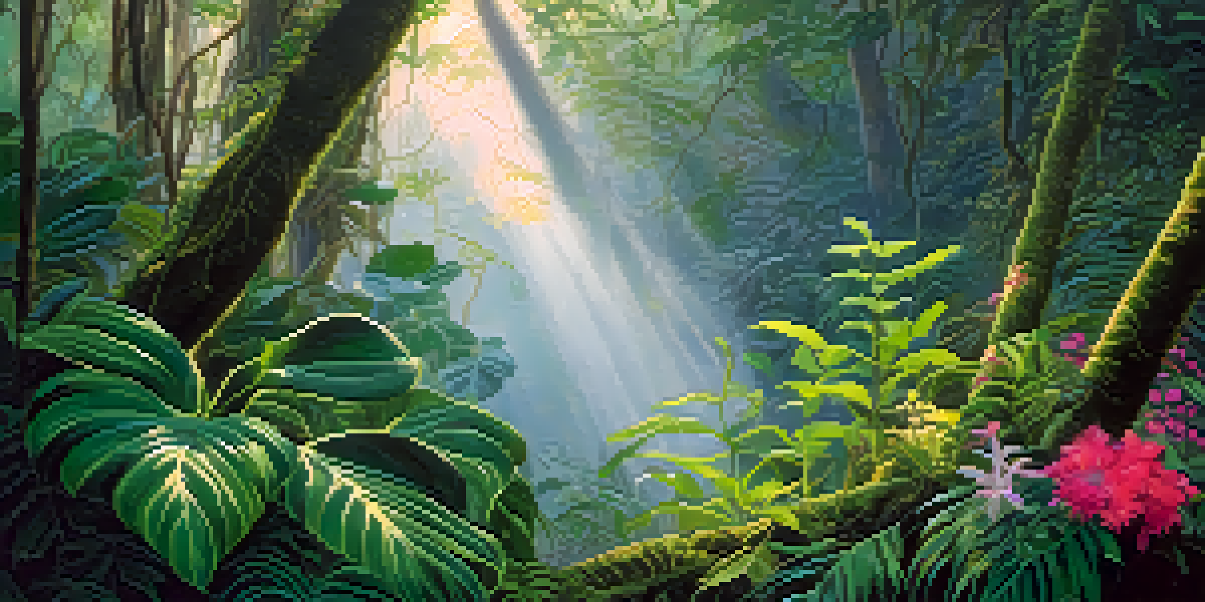 A tranquil jungle scene with a vine and green leaves, illuminated by soft sunlight, and colorful flowers in the foreground.