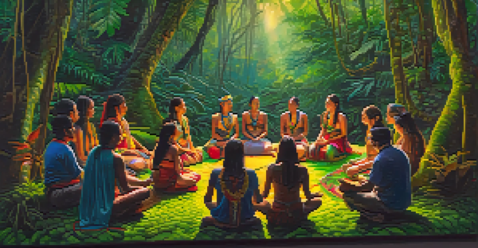 A peaceful scene of an Ayahuasca ceremony in the Amazon rainforest, with a shaman and participants surrounded by lush greenery and vibrant flowers.