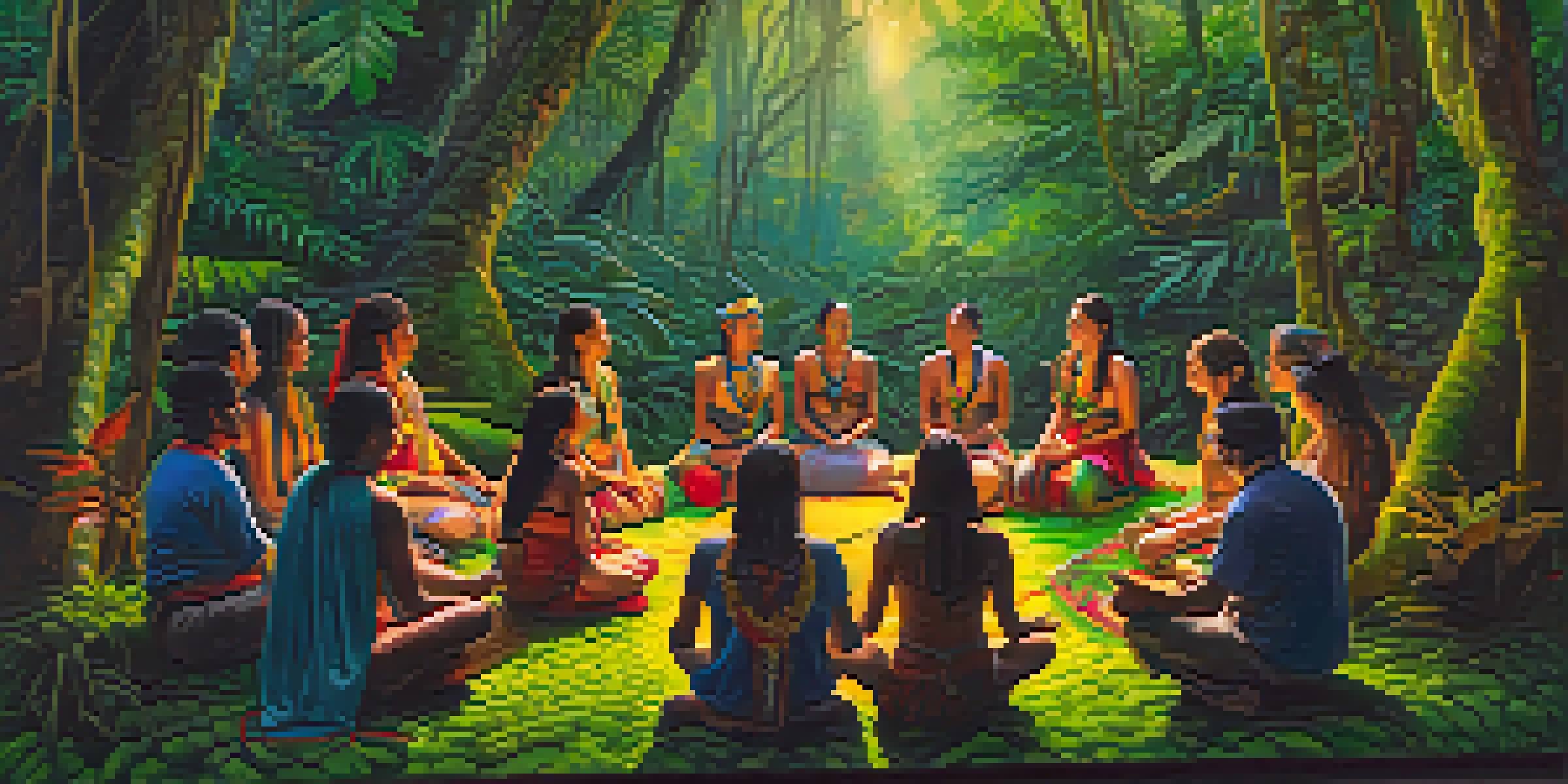 A peaceful scene of an Ayahuasca ceremony in the Amazon rainforest, with a shaman and participants surrounded by lush greenery and vibrant flowers.