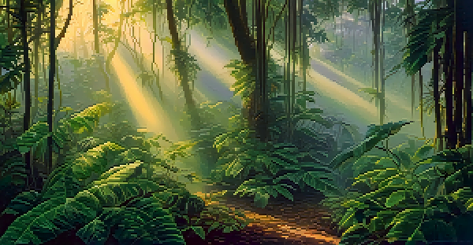 A peaceful Amazon rainforest at dawn with lush greenery and soft light filtering through the trees.