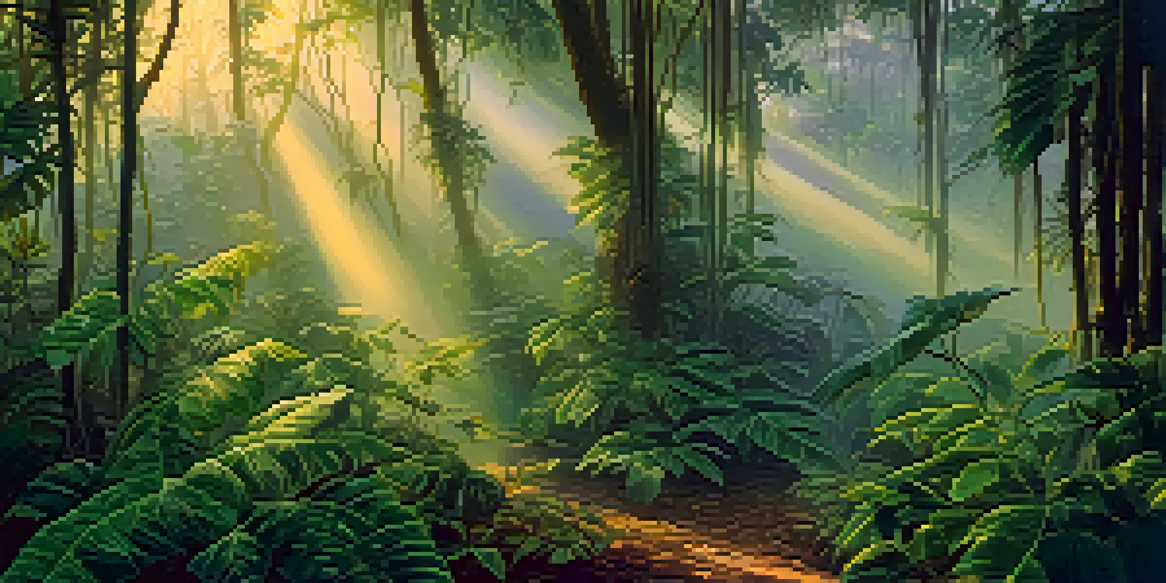 A peaceful Amazon rainforest at dawn with lush greenery and soft light filtering through the trees.