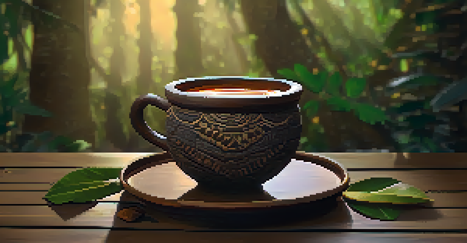 A close-up of a natural Ayahuasca cup filled with dark brew on a wooden table, surrounded by stones and leaves.