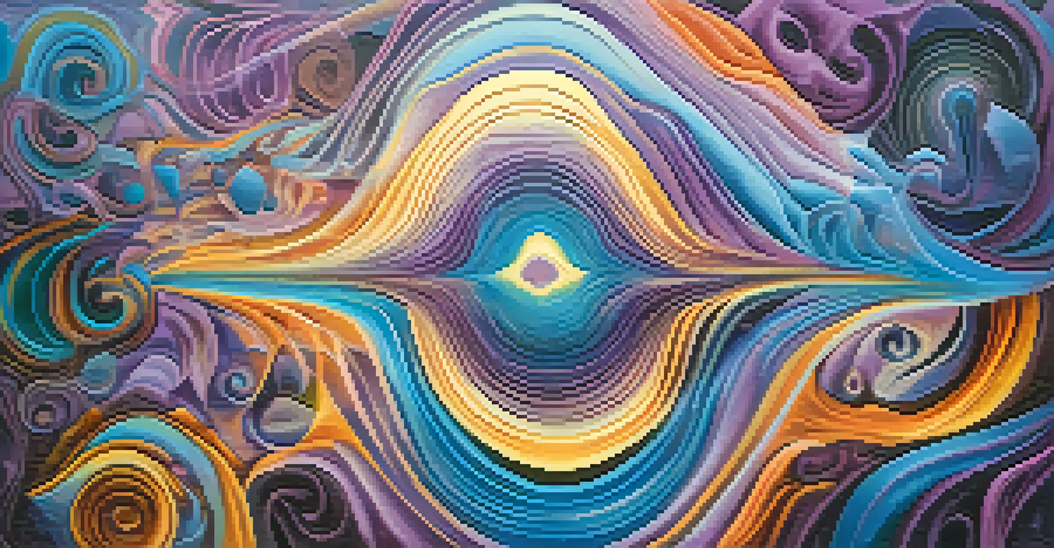 An abstract image representing a psychedelic experience, with swirling colors and shapes in blues, purples, and gold, conveying introspection and emotional release.
