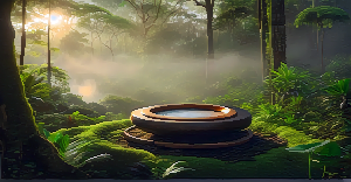 A tranquil scene of an Amazonian landscape at dawn with a ceremonial setup for Ayahuasca, including cushions and a steaming cup.
