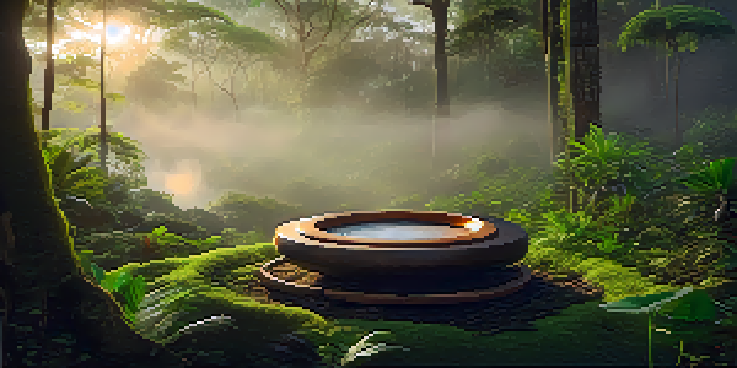 A tranquil scene of an Amazonian landscape at dawn with a ceremonial setup for Ayahuasca, including cushions and a steaming cup.