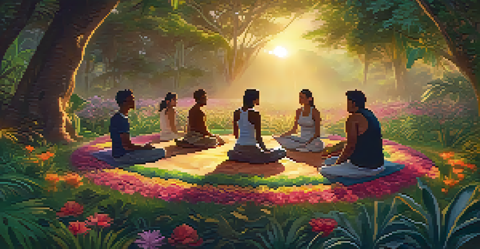 A peaceful jungle scene at sunset with a diverse group of people meditating in a circle, surrounded by vibrant plants and soft golden light.