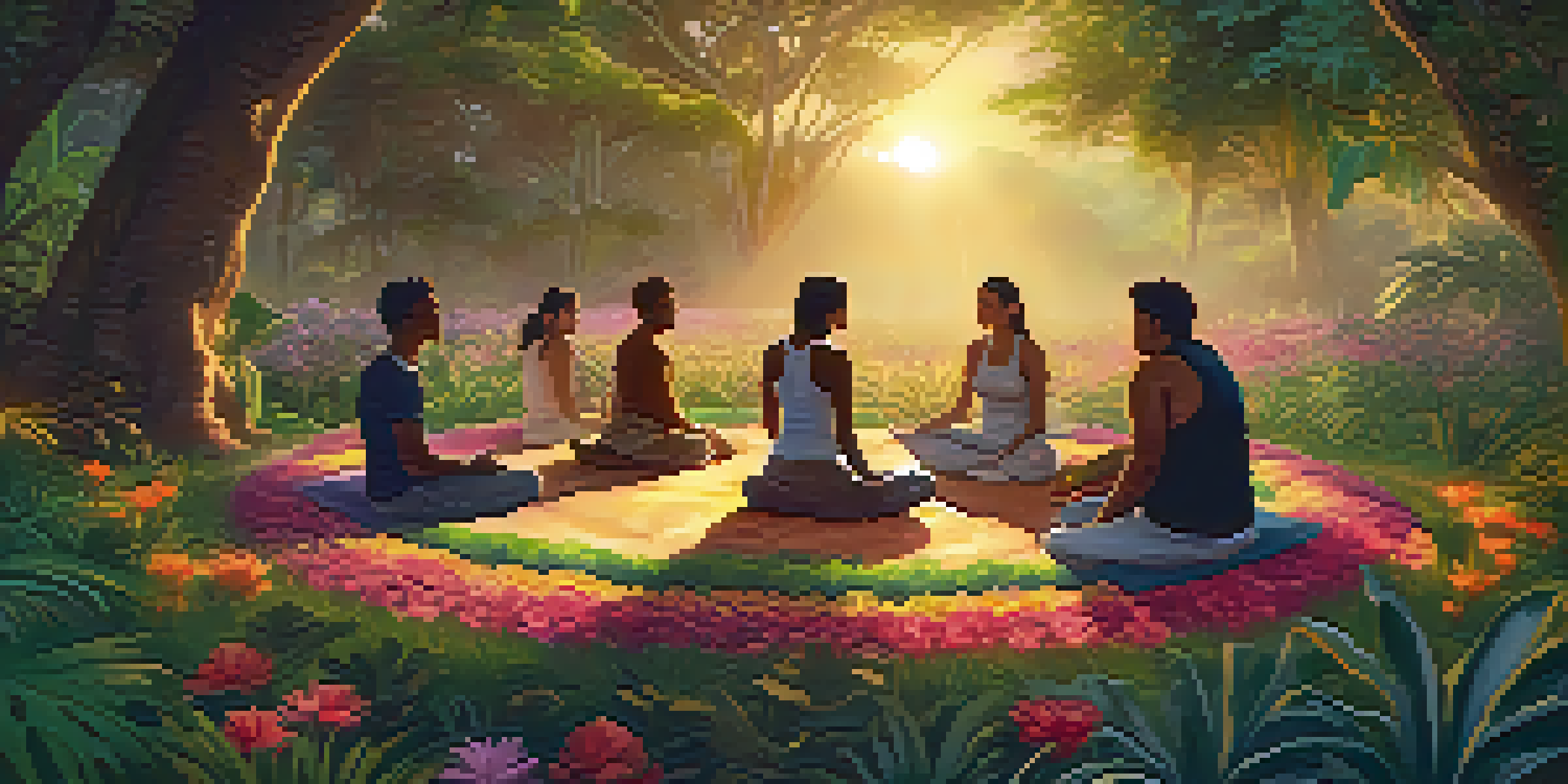 A peaceful jungle scene at sunset with a diverse group of people meditating in a circle, surrounded by vibrant plants and soft golden light.
