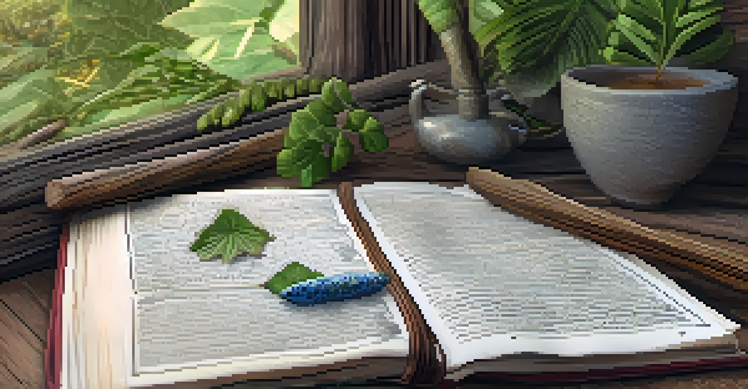 An open journal on a wooden table, surrounded by stones and leaves, filled with handwritten notes, symbolizing the integration process after an ayahuasca journey.