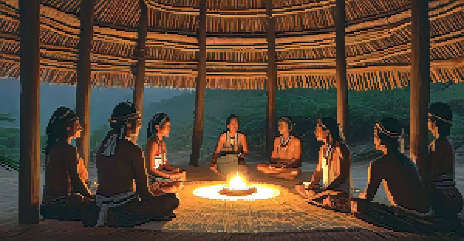 Participants sitting in a circle in a ceremonial hut illuminated by lanterns, with a shaman guiding them through an Ayahuasca ceremony.