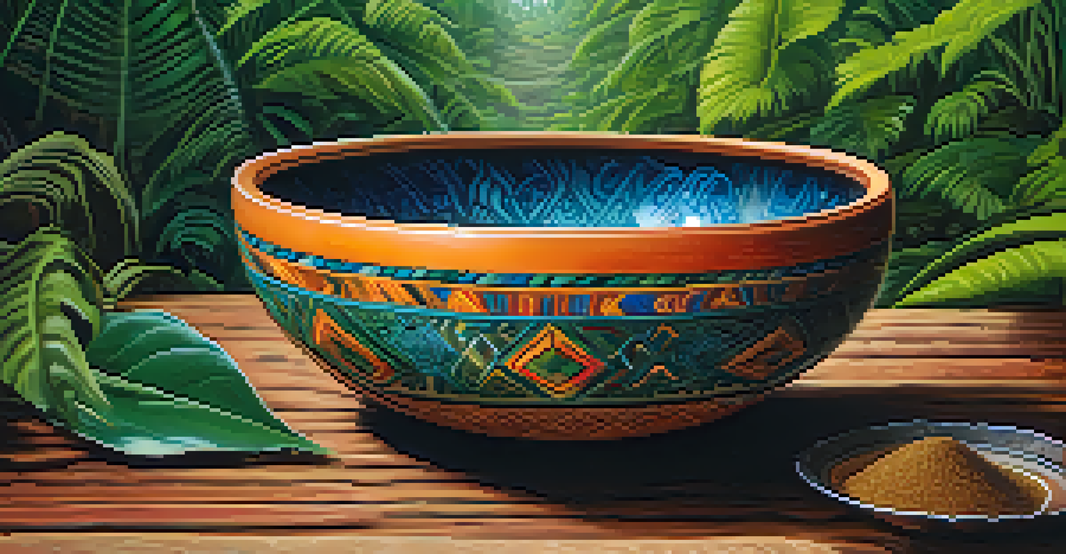 Close-up of a vibrant ayahuasca brew in a traditional bowl, showcasing its texture and color against a blurred jungle background.