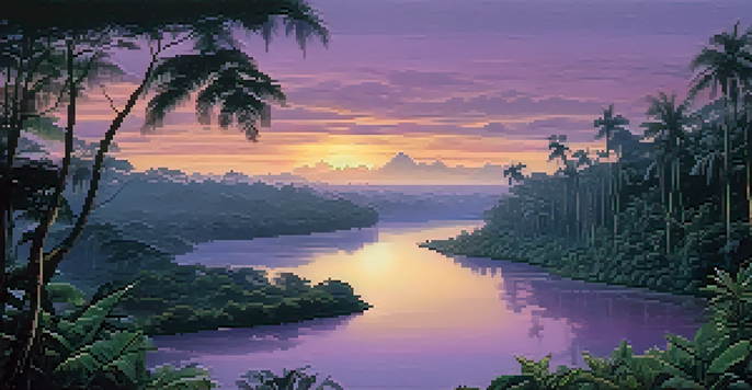 A tranquil Amazonian landscape with a winding river and lush greenery at sunset, featuring silhouettes of tropical trees and mist rising from the water.