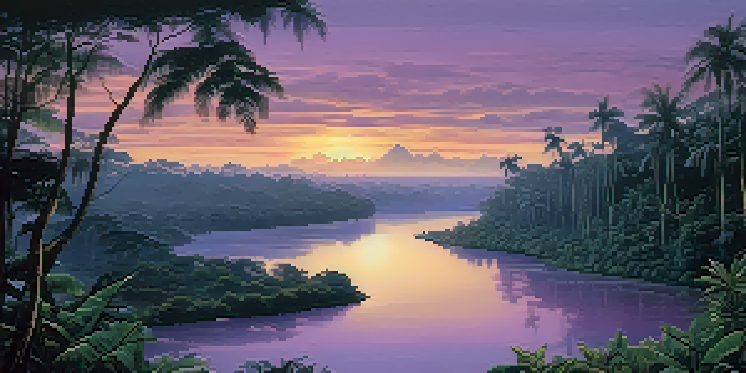 A tranquil Amazonian landscape with a winding river and lush greenery at sunset, featuring silhouettes of tropical trees and mist rising from the water.