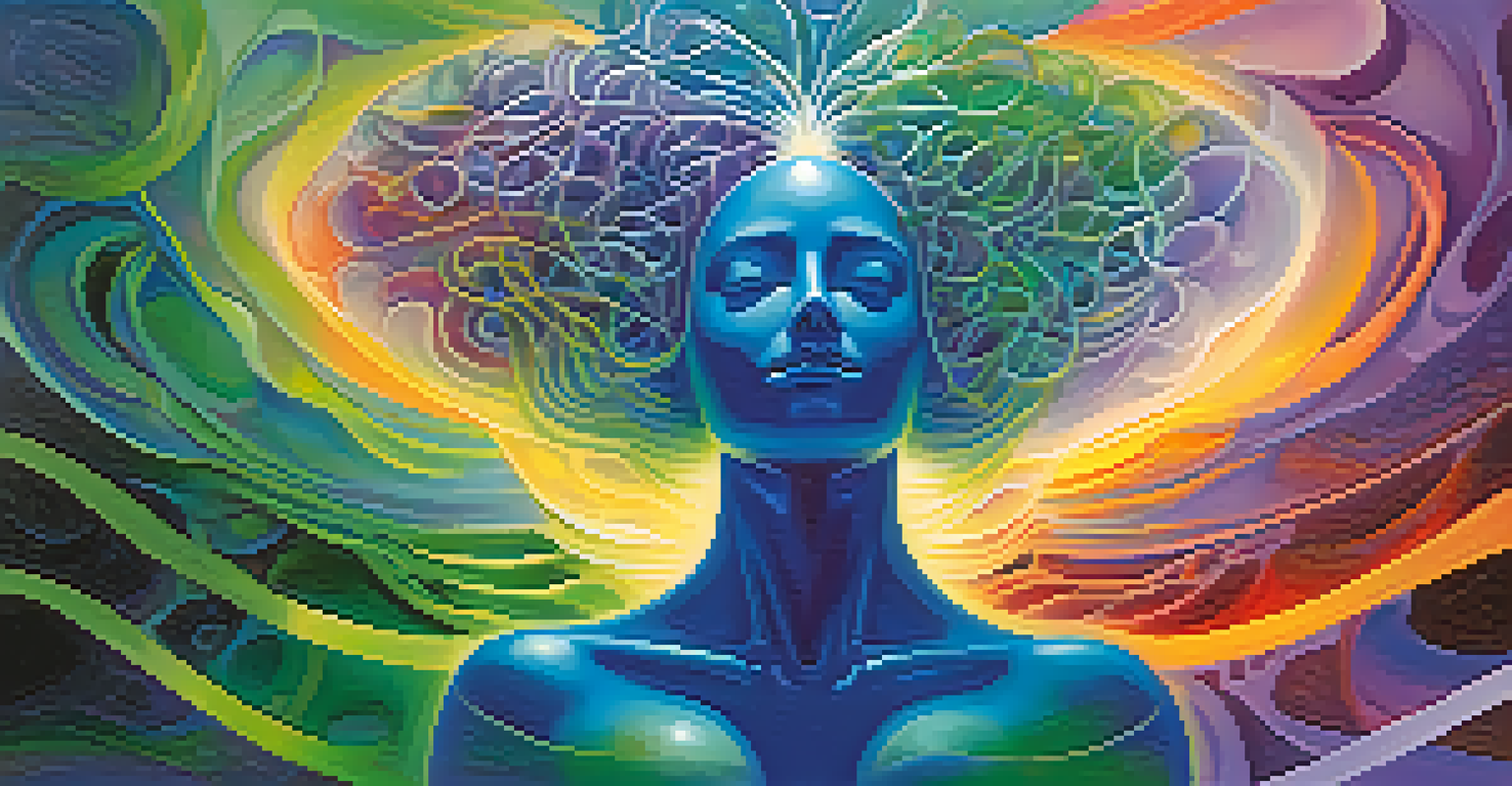 An abstract illustration showing the mind-body connection with colorful flowing shapes and light bursts radiating from a central figure.