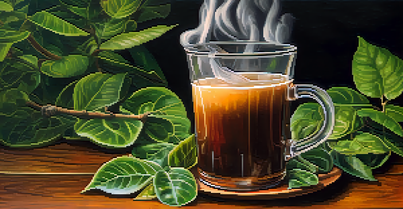 A close-up of a cup of Ayahuasca brew on a wooden table, with fresh vine and leaf ingredients surrounding it, illuminated by soft light.