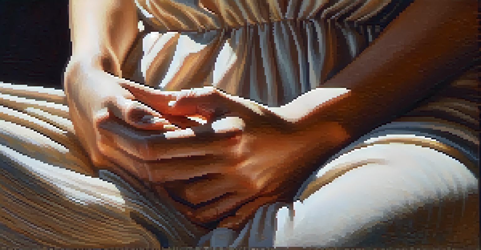 A close-up of hands resting on a lap, gently touching fabric, with natural light creating a warm glow.