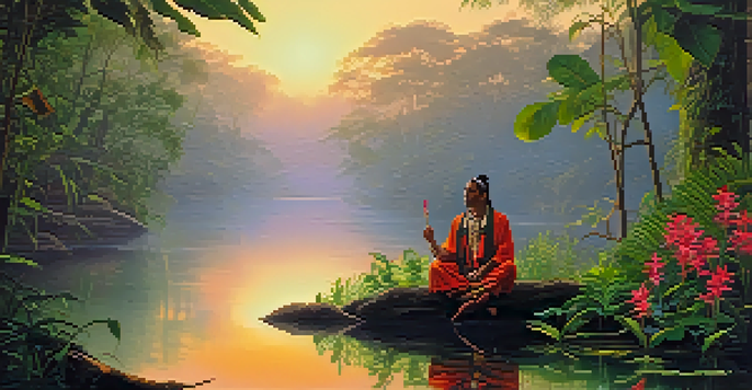 A peaceful Amazon rainforest at sunrise with a river reflecting golden light, featuring a shaman in traditional attire.