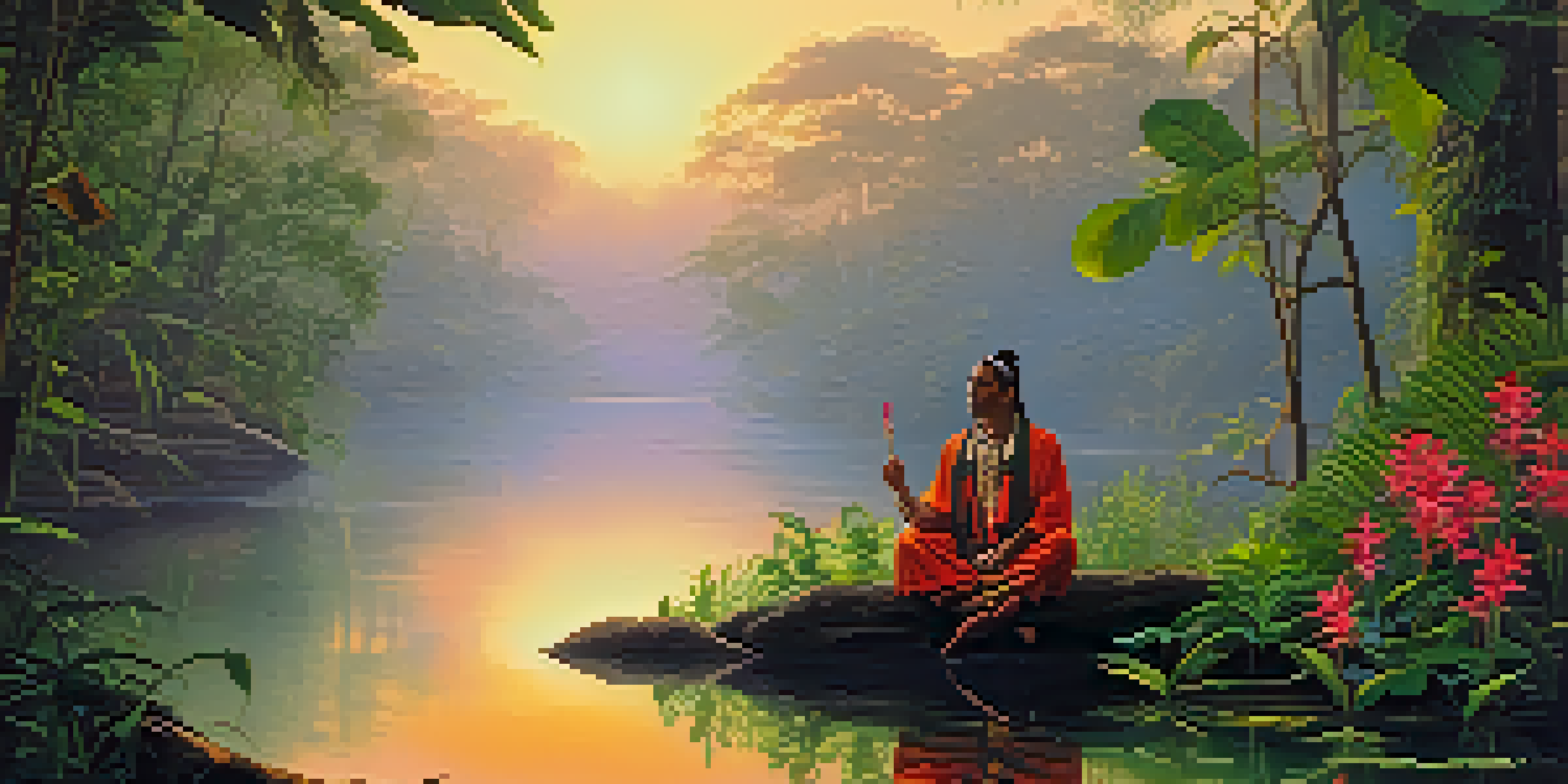 A peaceful Amazon rainforest at sunrise with a river reflecting golden light, featuring a shaman in traditional attire.