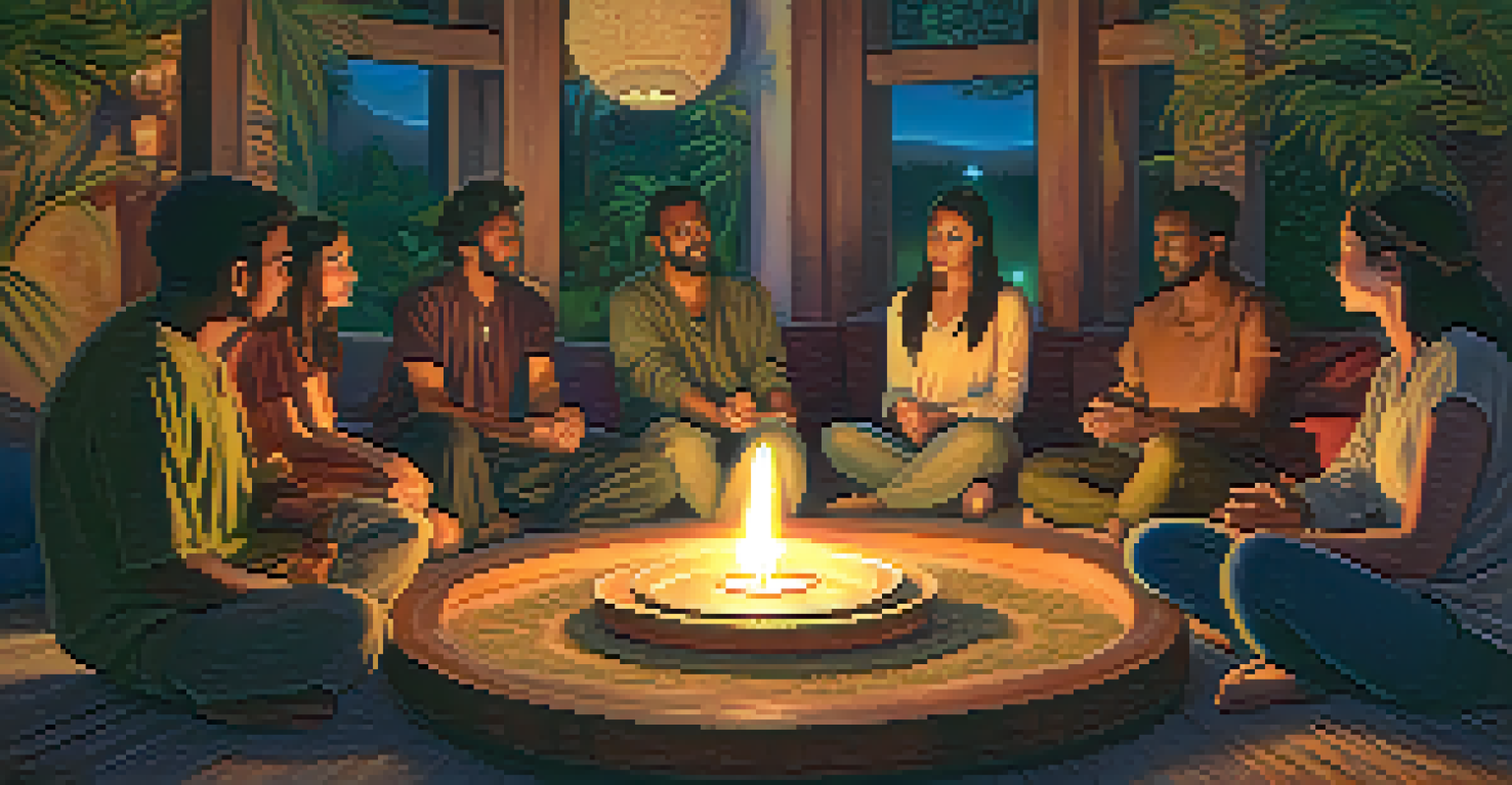 A group of diverse individuals sitting in a circle, sharing experiences in a cozy candle-lit room.
