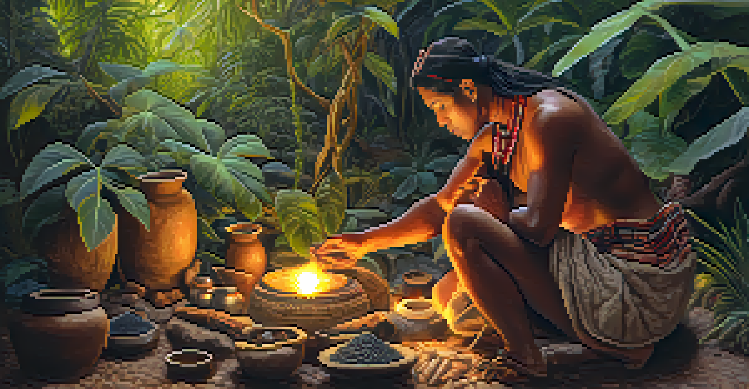 An indigenous healer preparing Ayahuasca, surrounded by plants and warm firelight.