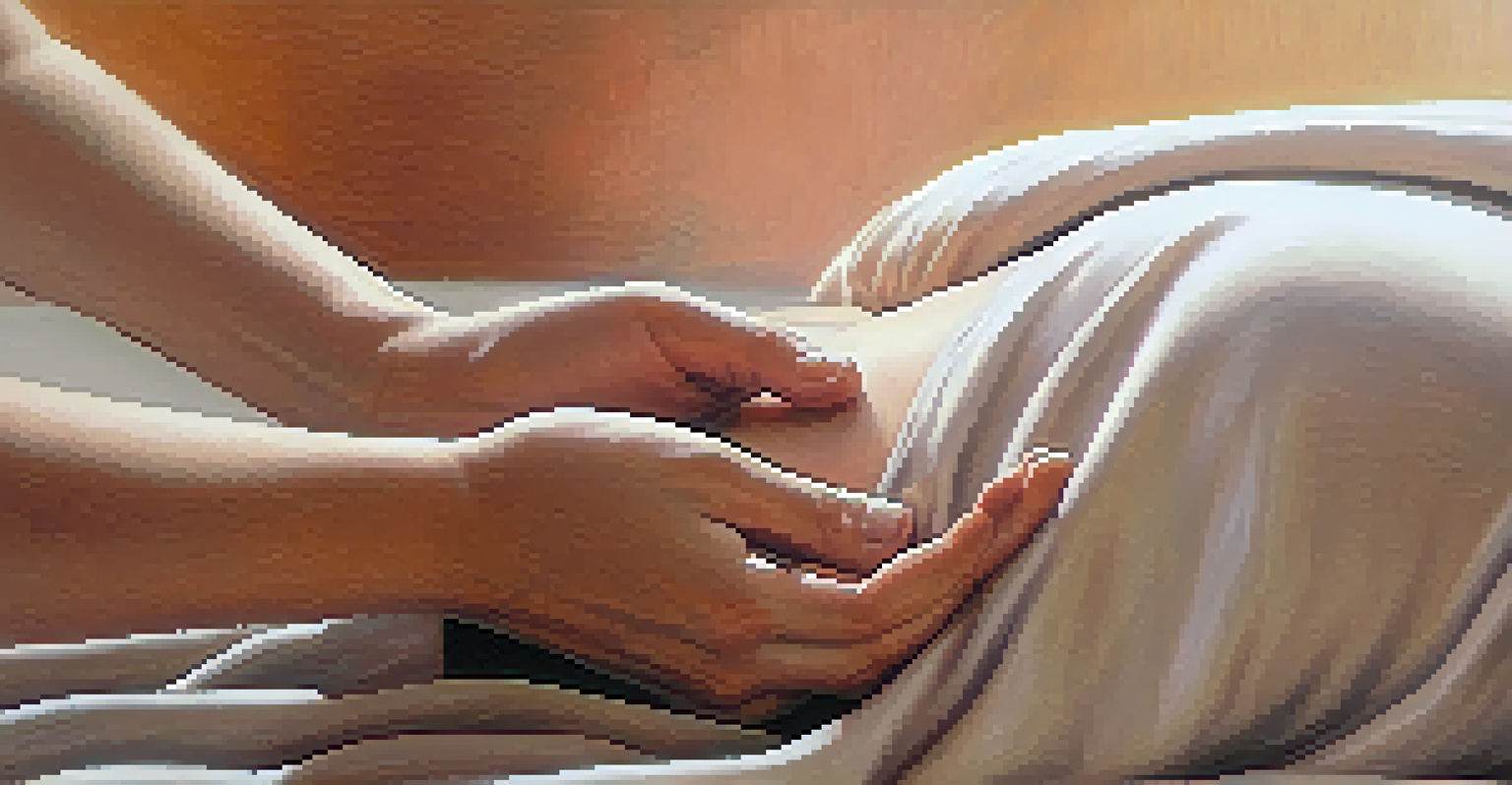 Close-up of hands on abdomen during diaphragmatic breathing, with a blurred background emphasizing relaxation.