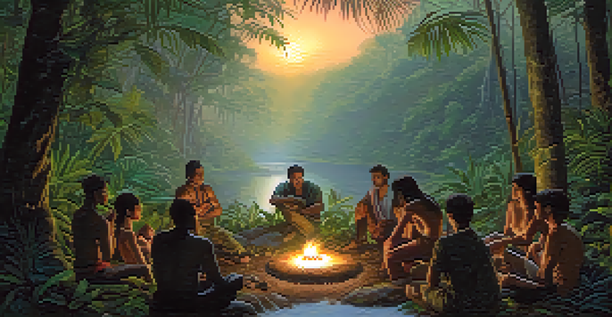 A group of diverse individuals sitting in a circle around a small fire in a tranquil Amazon rainforest at twilight, showcasing expressions of introspection and connection.