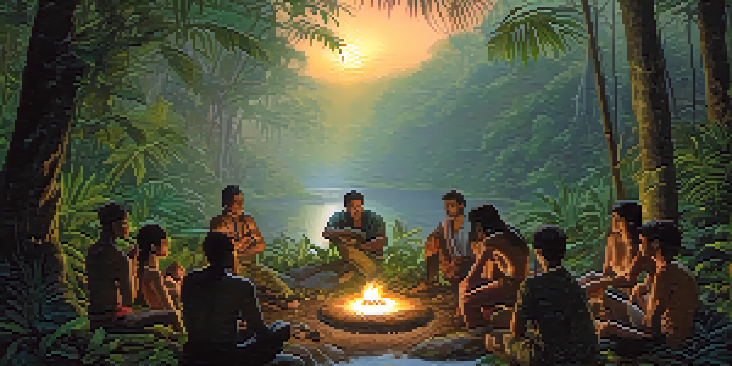 A group of diverse individuals sitting in a circle around a small fire in a tranquil Amazon rainforest at twilight, showcasing expressions of introspection and connection.