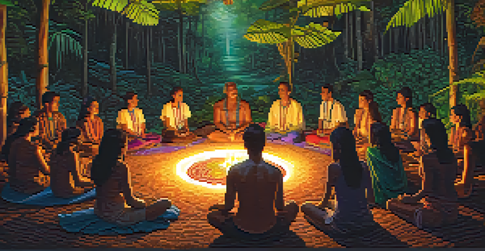 A peaceful Amazon rainforest at dusk with a traditional Ayahuasca ceremony setting, participants seated in a circle with candles and textiles.