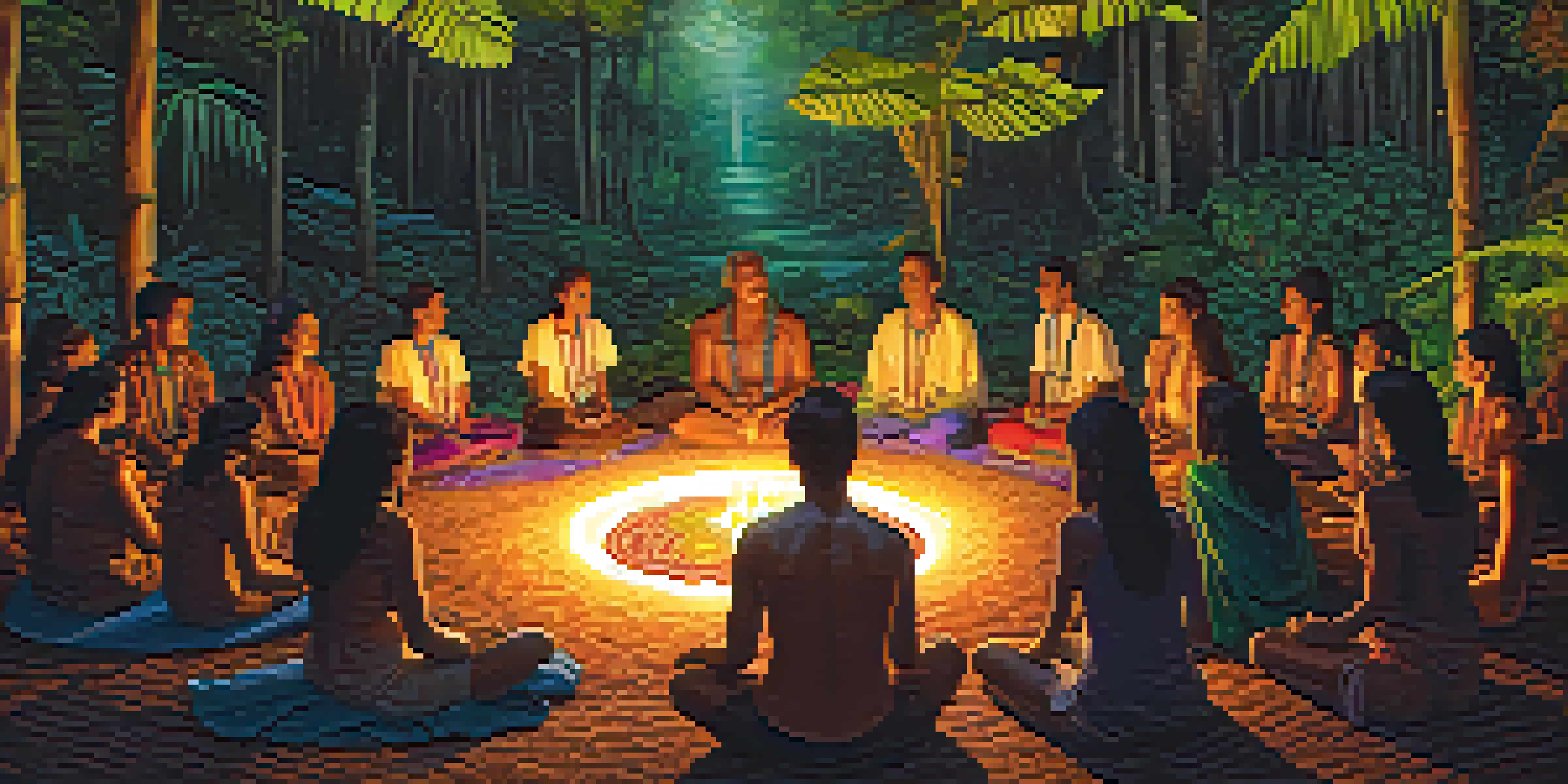 A peaceful Amazon rainforest at dusk with a traditional Ayahuasca ceremony setting, participants seated in a circle with candles and textiles.