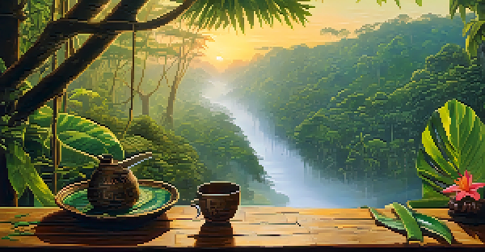 A peaceful Amazon rainforest at sunrise with mist and a traditional ayahuasca brew on a wooden table surrounded by tropical flowers.
