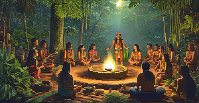 A peaceful Amazon rainforest at dawn with mist, showing a traditional ayahuasca ceremony led by a shaman in colorful attire, surrounded by participants in a circle.