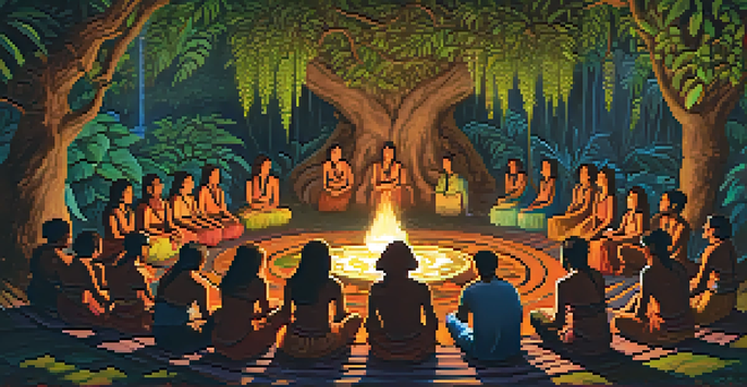 A group of participants in a dimly lit Amazon rainforest, engaged in a traditional ayahuasca ceremony led by a shaman.
