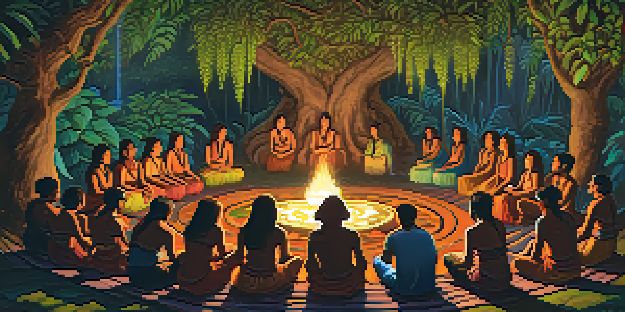 A group of participants in a dimly lit Amazon rainforest, engaged in a traditional ayahuasca ceremony led by a shaman.