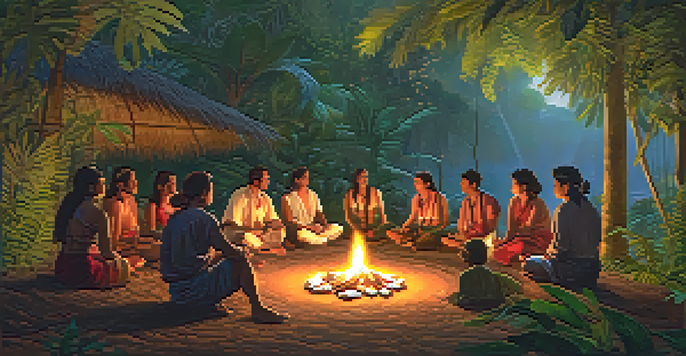 A peaceful scene in the Amazon jungle with people sitting in a circle around a fire during sunset, surrounded by nature.