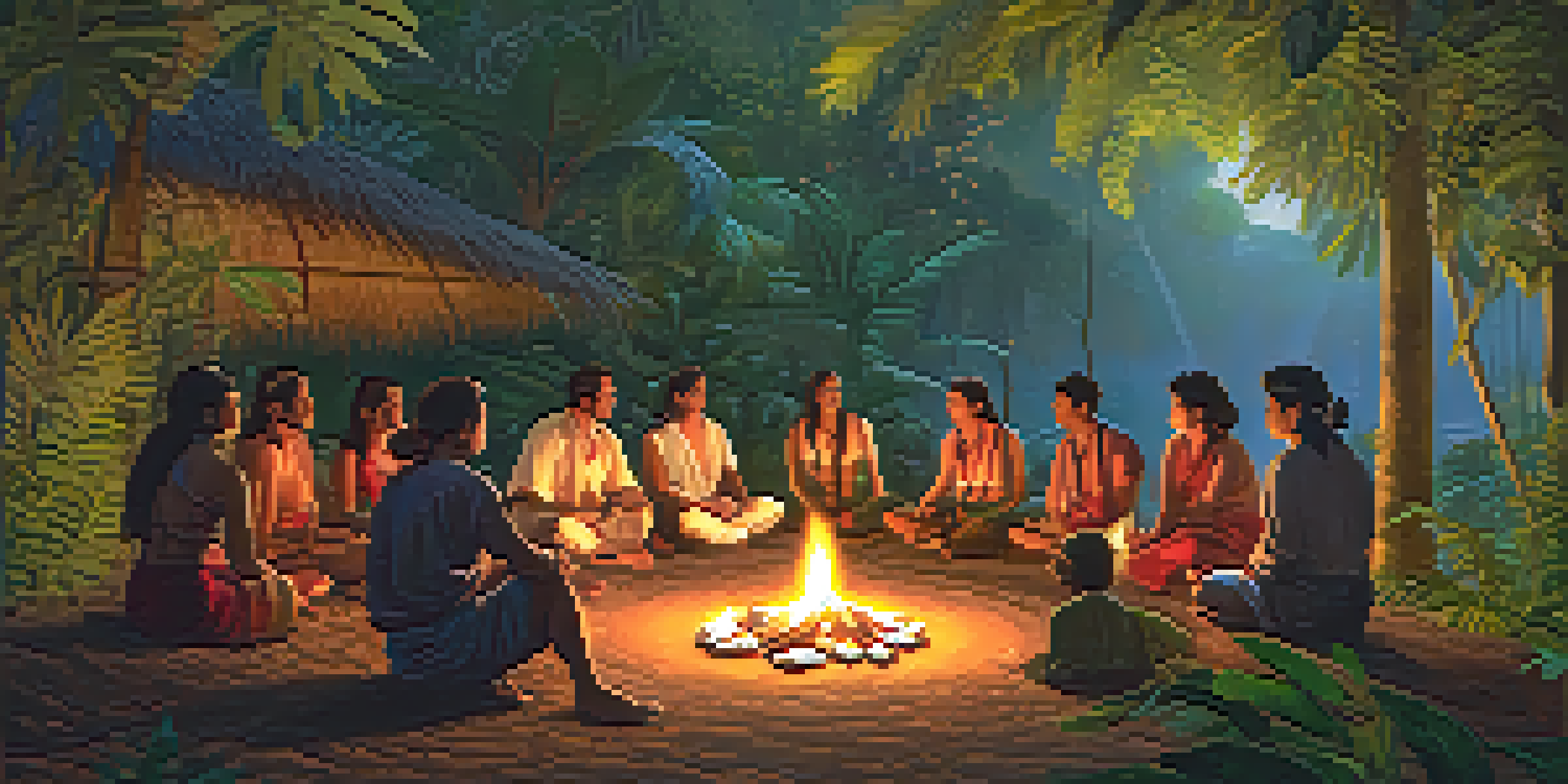 A peaceful scene in the Amazon jungle with people sitting in a circle around a fire during sunset, surrounded by nature.