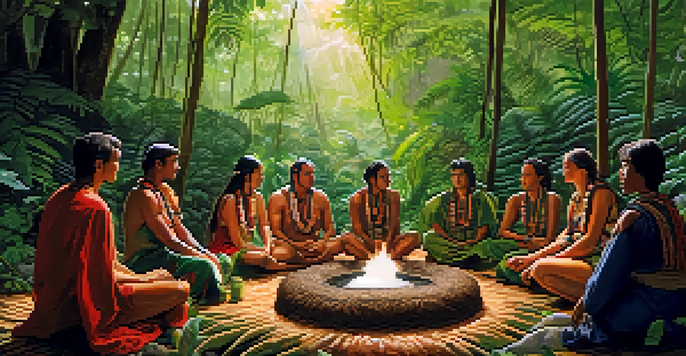 A tranquil Ayahuasca ceremony in the Amazon rainforest with participants and a shaman surrounded by greenery.