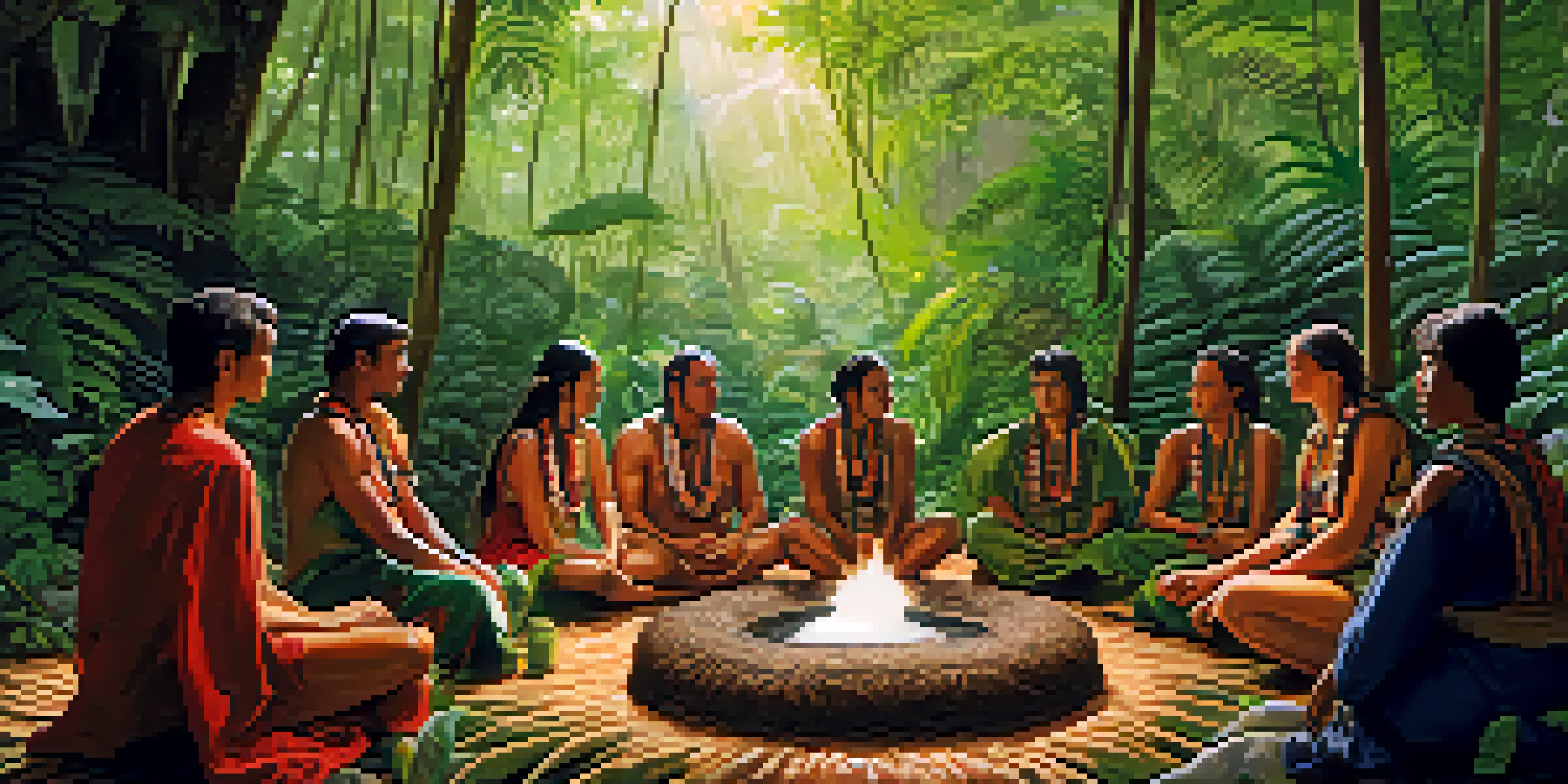 A tranquil Ayahuasca ceremony in the Amazon rainforest with participants and a shaman surrounded by greenery.