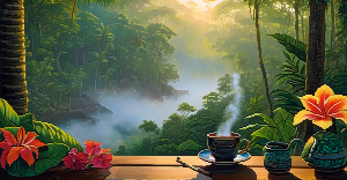A tranquil Amazon rainforest at dawn, featuring a traditional Ayahuasca brew on a wooden table with tropical flowers and sunlight filtering through the trees.