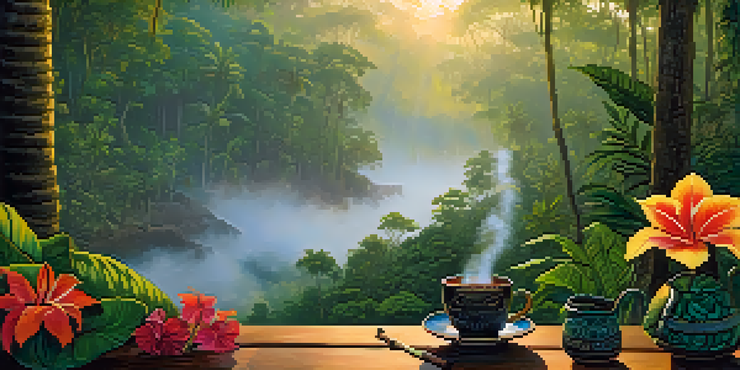 A tranquil Amazon rainforest at dawn, featuring a traditional Ayahuasca brew on a wooden table with tropical flowers and sunlight filtering through the trees.
