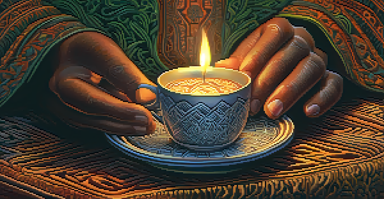 A close-up of a hand holding a cup of Ayahuasca brew, with a warm and inviting background.
